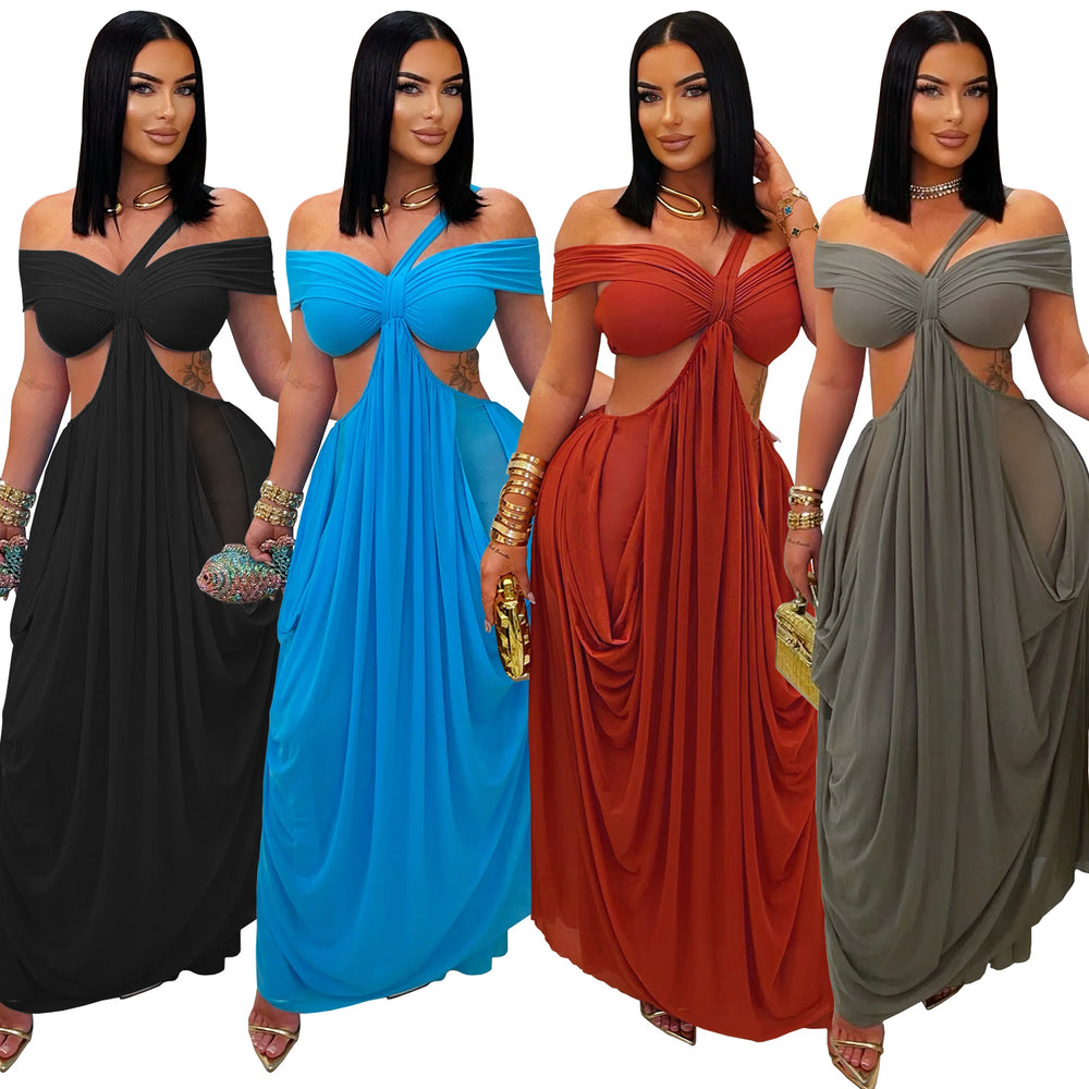 C7430 cross-border   fashion women's sexy bandeau bodycon see-through mesh dress