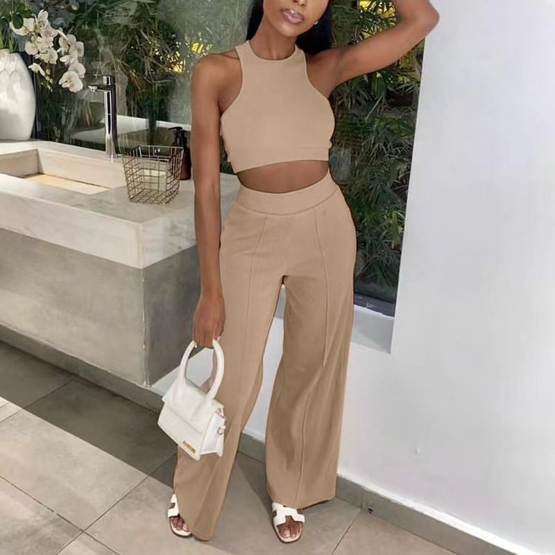 Sleeveless tank top and pants two-piece set -  us & europe cross-border solid color factory direct summer must-have set