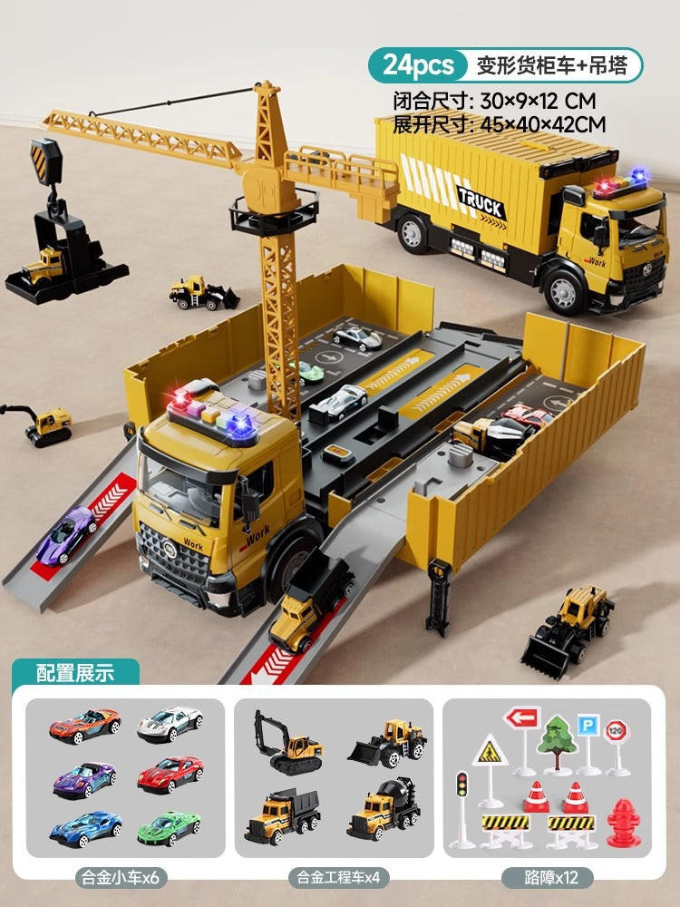 Drop shipping crane deformation engineering vehicle pull back inertia container truck parking lot toy rail car toy kids toy