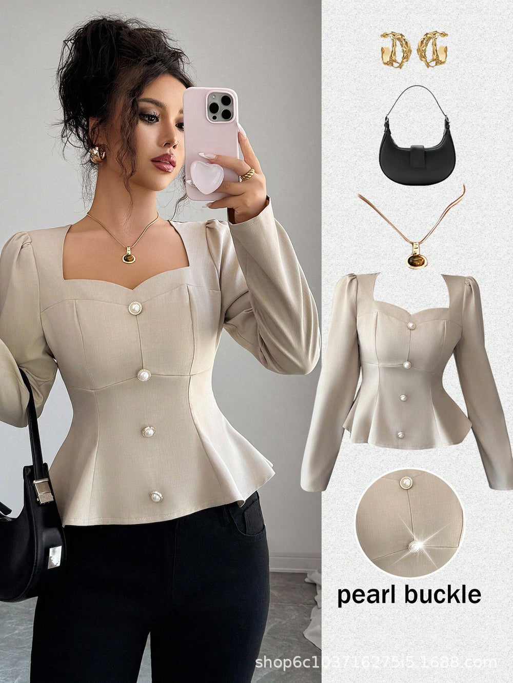 European and american  summer square neck puff sleeve waist top pearl button silmruffle hem shirt