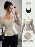 European and american  summer square neck puff sleeve waist top pearl button silmruffle hem shirt