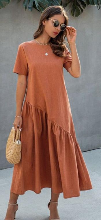 Amazon   new arrivals: european and american style solid color crew neck short sleeve loose pleated dress - ready to ship