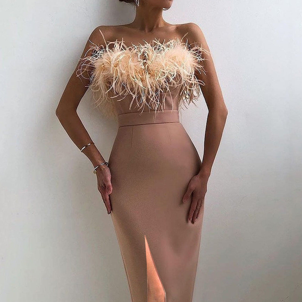 cross-border new spring/summer european and american style women's camisole feather dress - banquet, slim-fit, elegant, figure-flattering, sleeveless evening gown