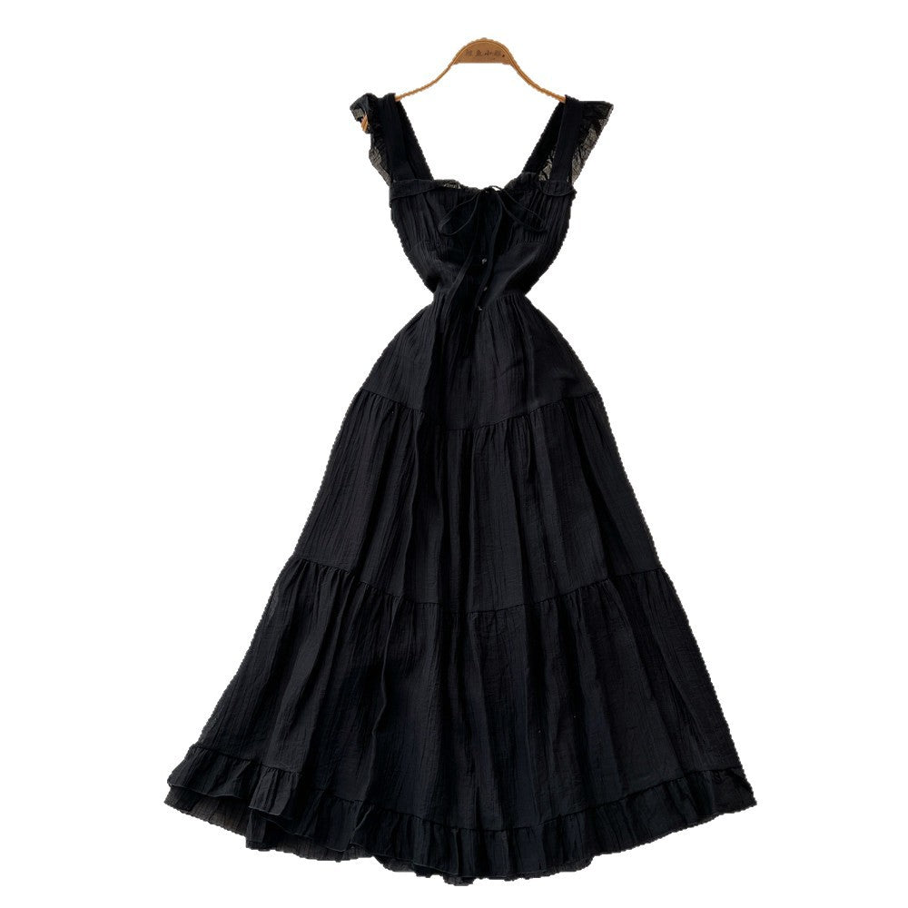 French romantic style spaghetti strap playful sleeveless dress - women's summer tie-waist slimming a-line cake dress - vacation style