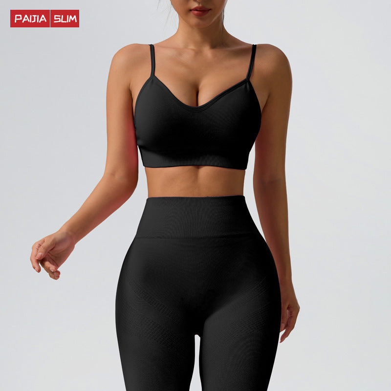 Seamless elastic yoga suit, autumn and winter peach hip trousers, sexy suspender bra, sports suit for women