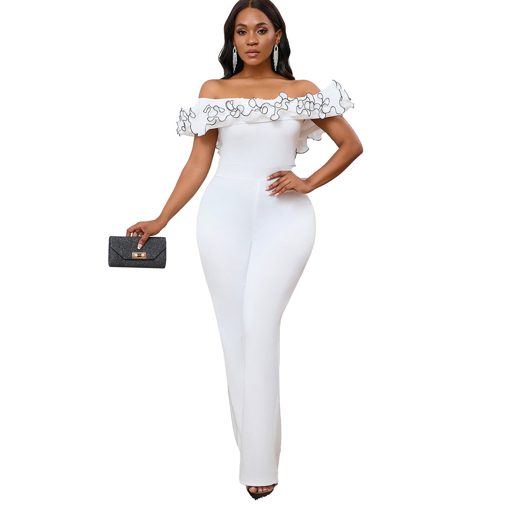 D523  european and american style sexy bodycon solid color off-the-shoulder ruffle trim short sleeve jumpsuit