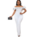 D523  european and american style sexy bodycon solid color off-the-shoulder ruffle trim short sleeve jumpsuit