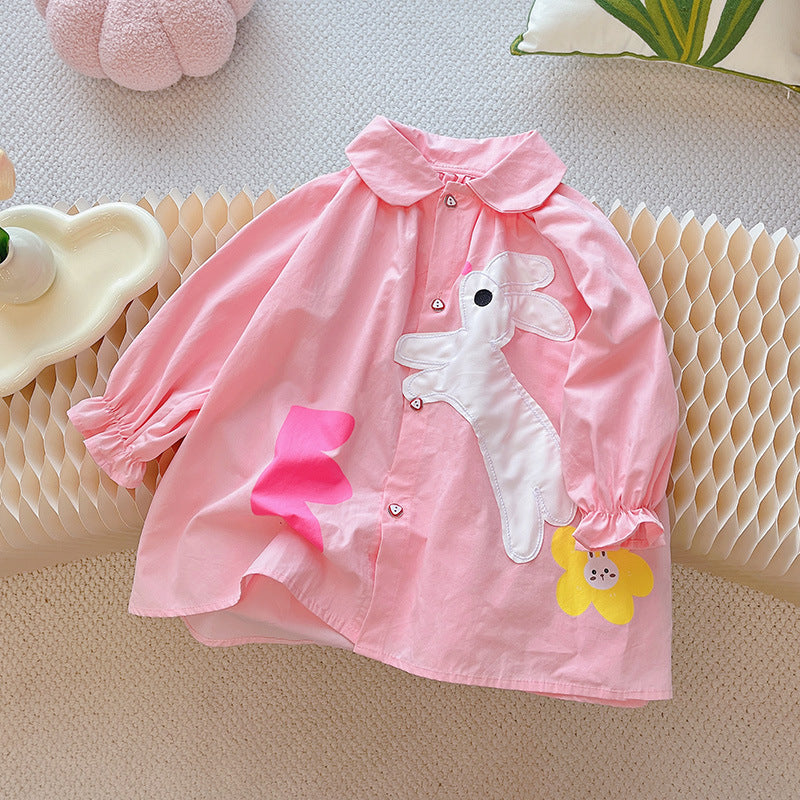 Girls' autumn new arrival: pure cotton doll shirt, long-sleeved blouse, cartoon pink baby girl shirt,  fashionable sweet style