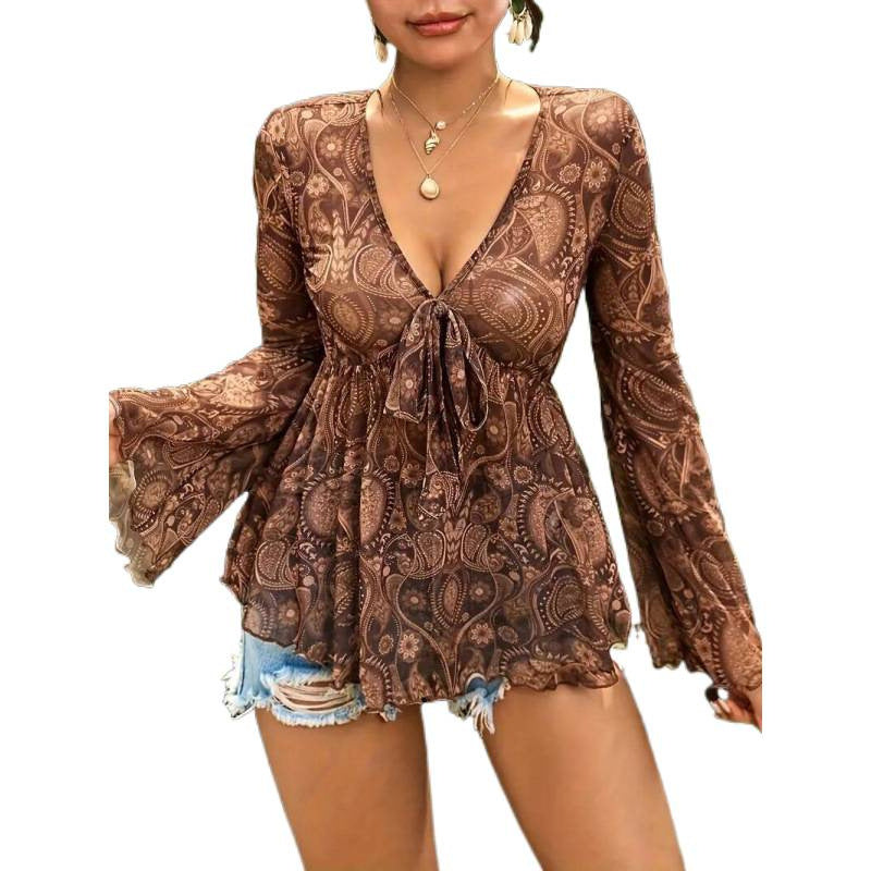 Shipped: new european and american cross-border versatile mesh print deep v-neck slim-fit long sleeve top - ideal for independent e-commerce stores