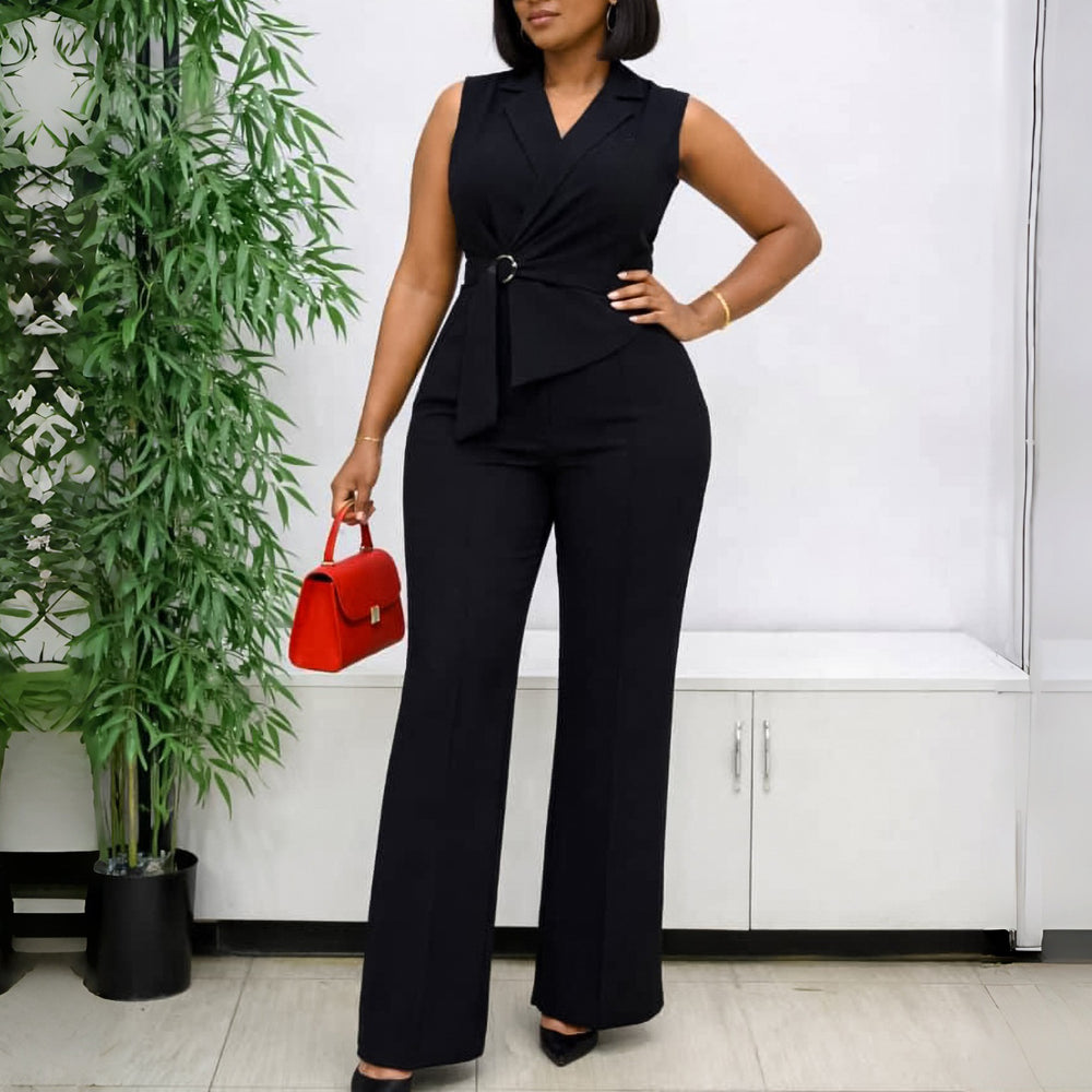 C8653 cross-border e-commerce summer fashion solid color sleeveless blazer collar tie wide leg pants african jumpsuit