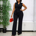 C8653 cross-border e-commerce summer fashion solid color sleeveless blazer collar tie wide leg pants african jumpsuit