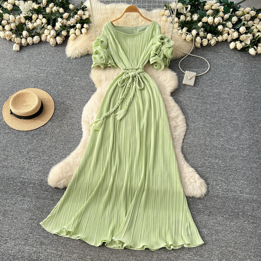 French-inspired pleated, waist-cinching, slimming dress for women. red, tie-waist, elegant, and flowy maxi dress, perfect for the office