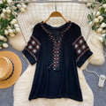 French ethnic style heavy industry embroider short-sleeved t-shirt women's korean style looseslimming look round neck tassel tops
