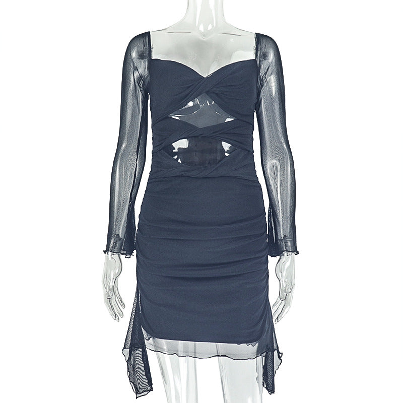 Fashion style insexportstylish design women's cut out pleated hip skirt u-neck long sleeves pure color short dress trendy