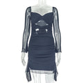 Fashion style insexportstylish design women's cut out pleated hip skirt u-neck long sleeves pure color short dress trendy
