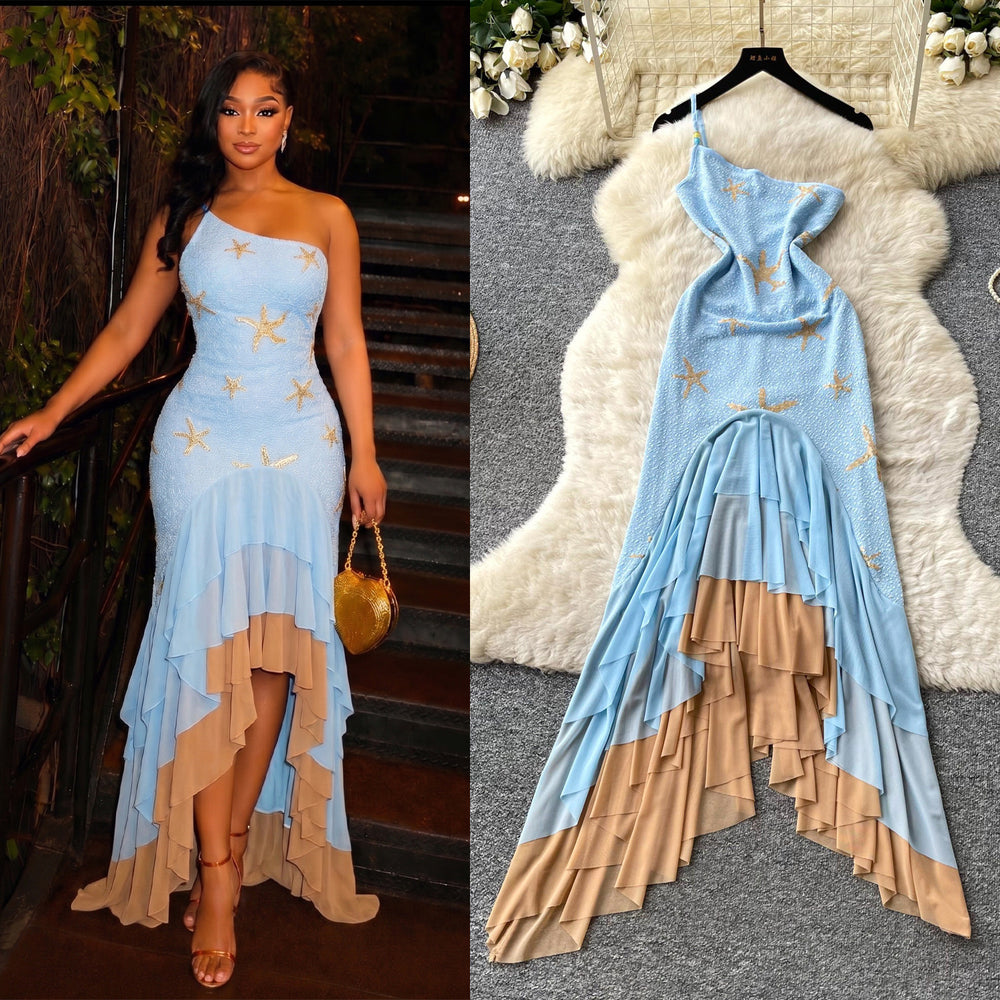 Vacation style slanted shoulder suspender dress for women summer blue sea star gradient asymmetrical fishtail skirt accessible luxury