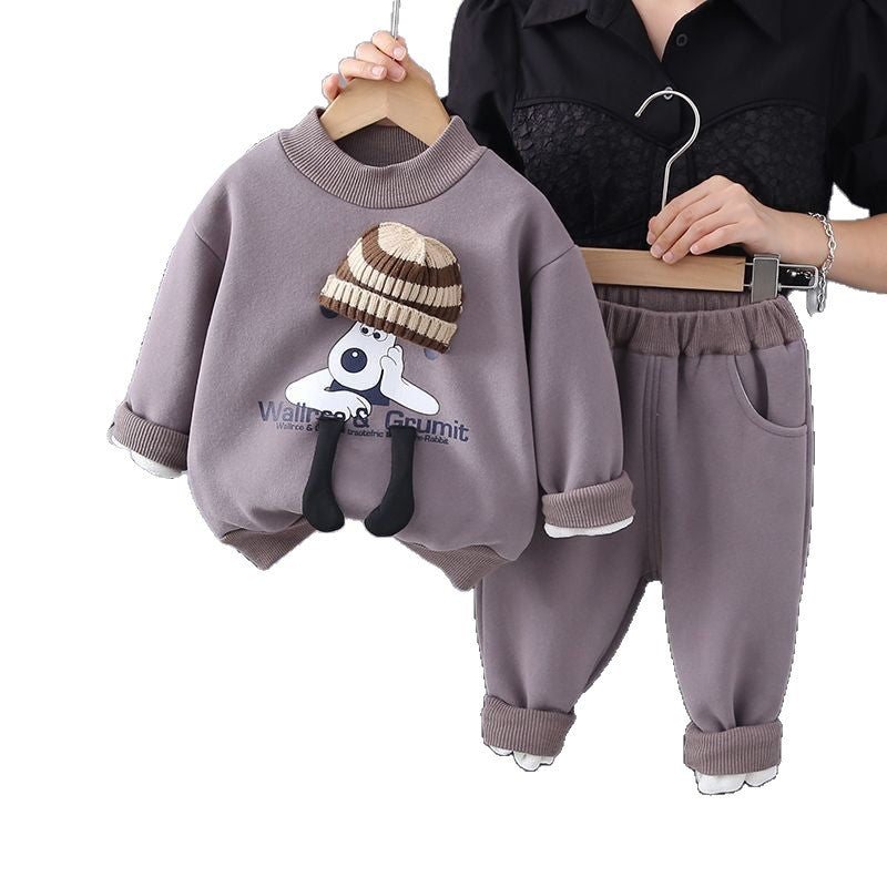 Boys' korean style new autumn/winter fleece-lined set - trendy printed boy's fashionable sweatshirt and sweatpants two-piece outfit