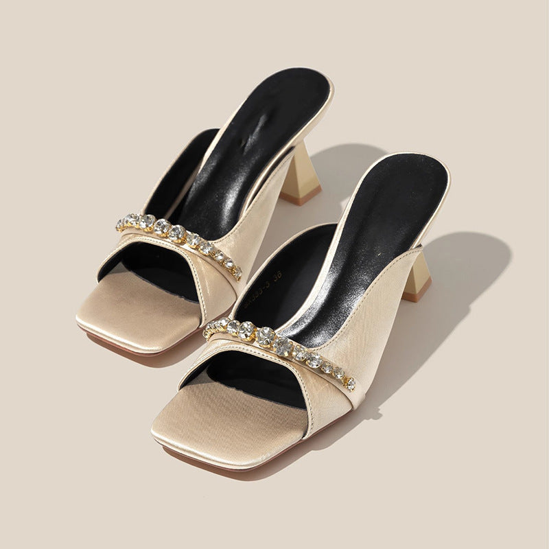 Rhinestone tweed style sandals 2025 summer open toe white beautiful high heels champagne color square toe sandals for women