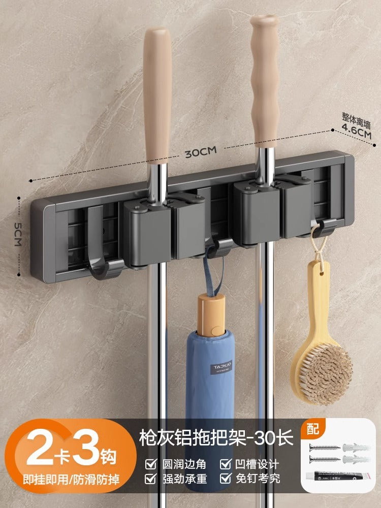 Blue vine mop wall mount clip - no drilling required - bathroom broom holder, mop rack organizer with large hook