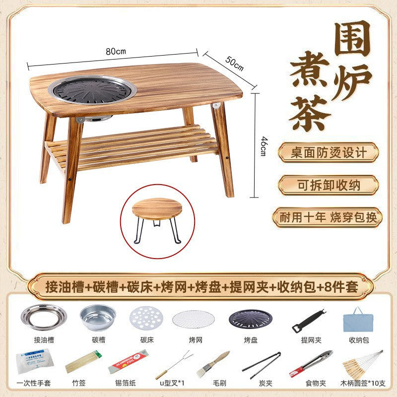 Household outdoor multifunctional solid wood desktop stove foldable storage barbecue grill barbecue stove camping style stove tea table