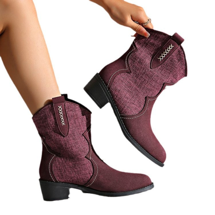 plus size square heel pointed toe denim short boots for women fall and winterfashion suede slip-on knight boots retro style