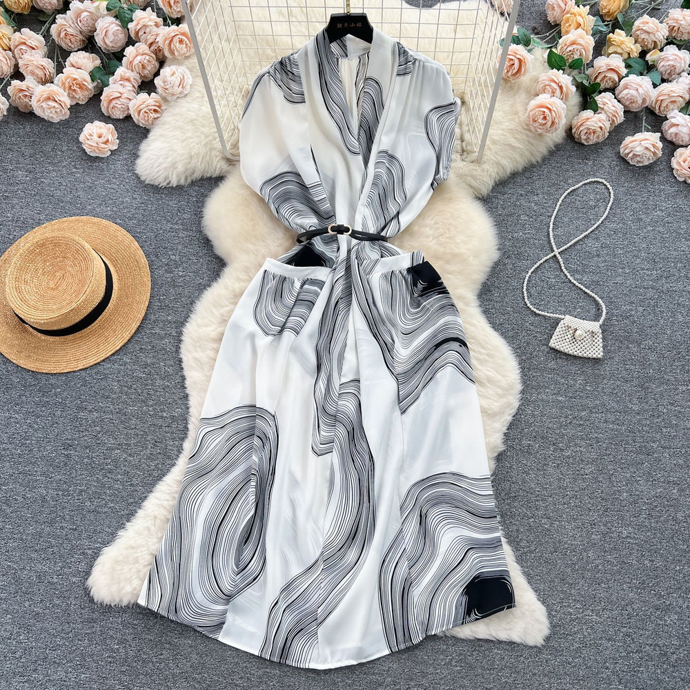 Luxury retro v-neck printed dress - women's summer french style tie-waist loose fit slimming midi shirt dress