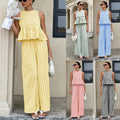 cross-border fashion: european & american  style - sleeveless round neck ruffle hem top with high-waisted straight-leg pants