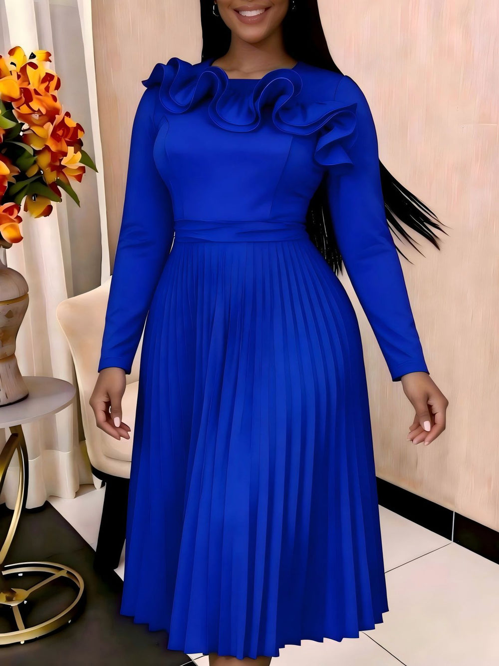 New plus size solid color midi pleated skirt ruffle collar long sleeve round neck elegant dress