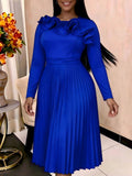 New plus size solid color midi pleated skirt ruffle collar long sleeve round neck elegant dress