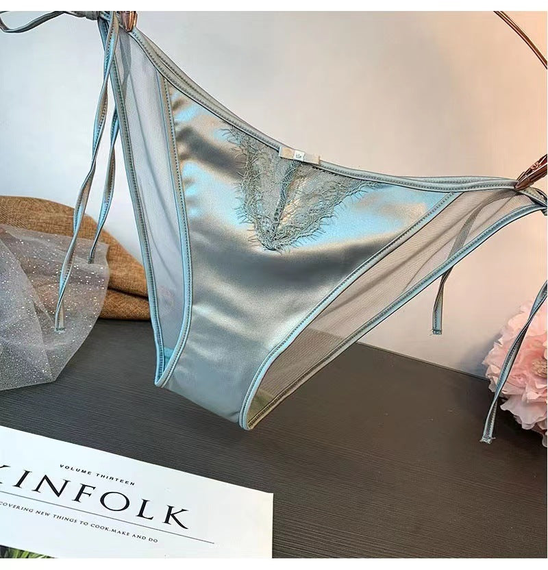 Retropure color tie backembroider briefs silks and satinssexy mesh sexy underwear plaid breathable low waist
