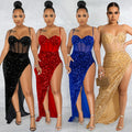 X5843   fashion fashion sling beads mesh see-through irregular slit dress for women