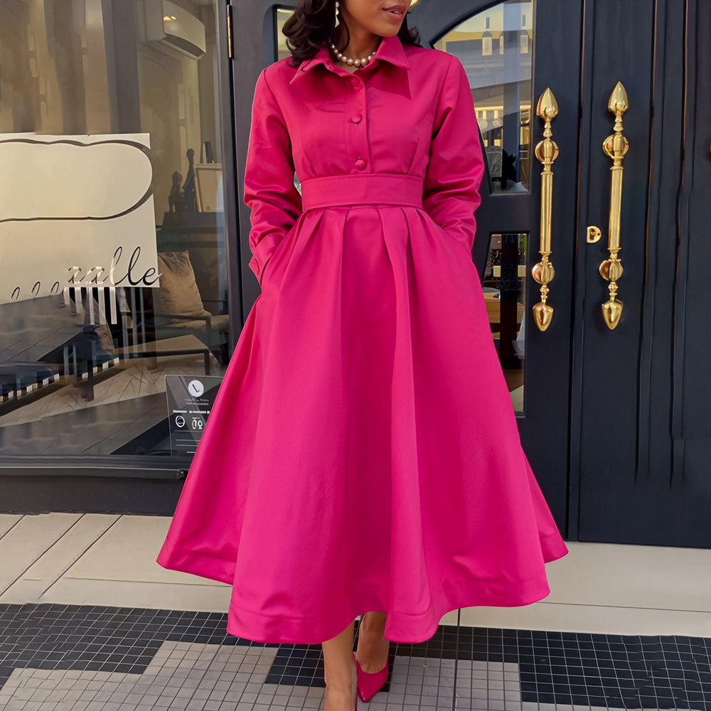 D532  european and american women's clothing  autumn new arrival big swing solid color turn-down collar long sleeve a-line dress african dress