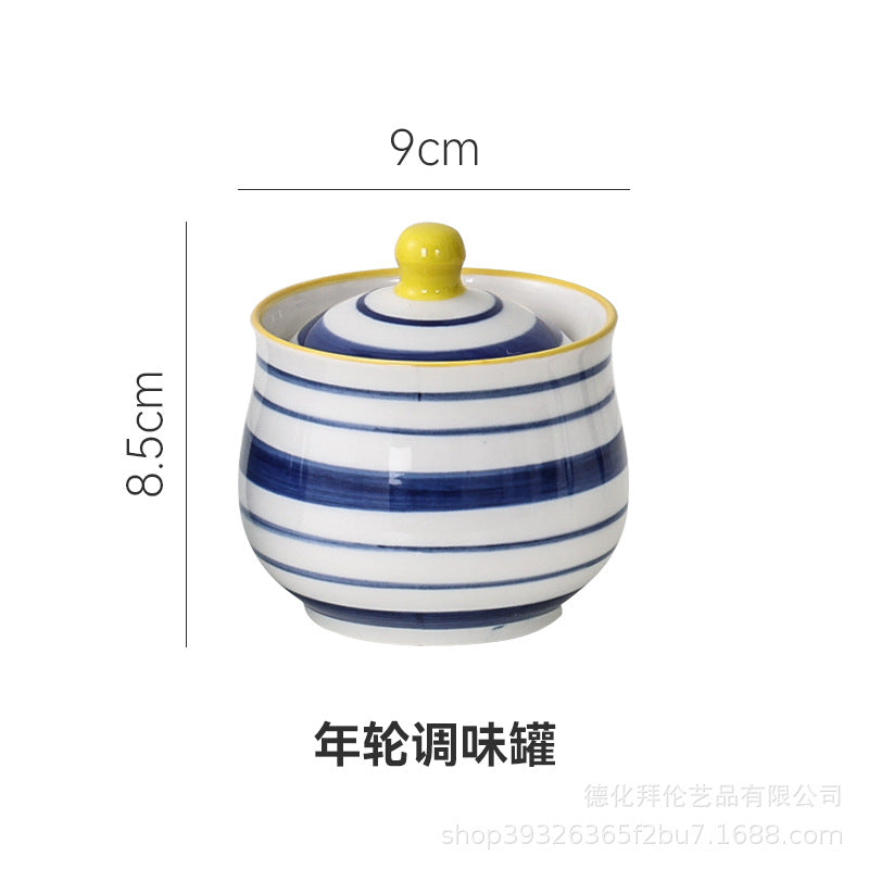 Household kitchen ceramic seasoning jar set - hand-painted creative pepper & salt shakers, sugar bowl, msg jar with wooden tray set