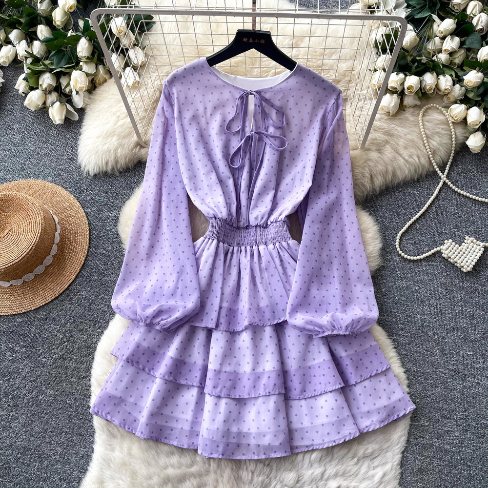Korean style red polka dot slim-fit dress - women's summer long sleeve ruffle hem waist-cinching slimming high-end tiered dress