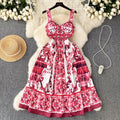 Ethnic style retro suspender dress women's frenchsense of designniche style waist slimming look floral a-line long skirt