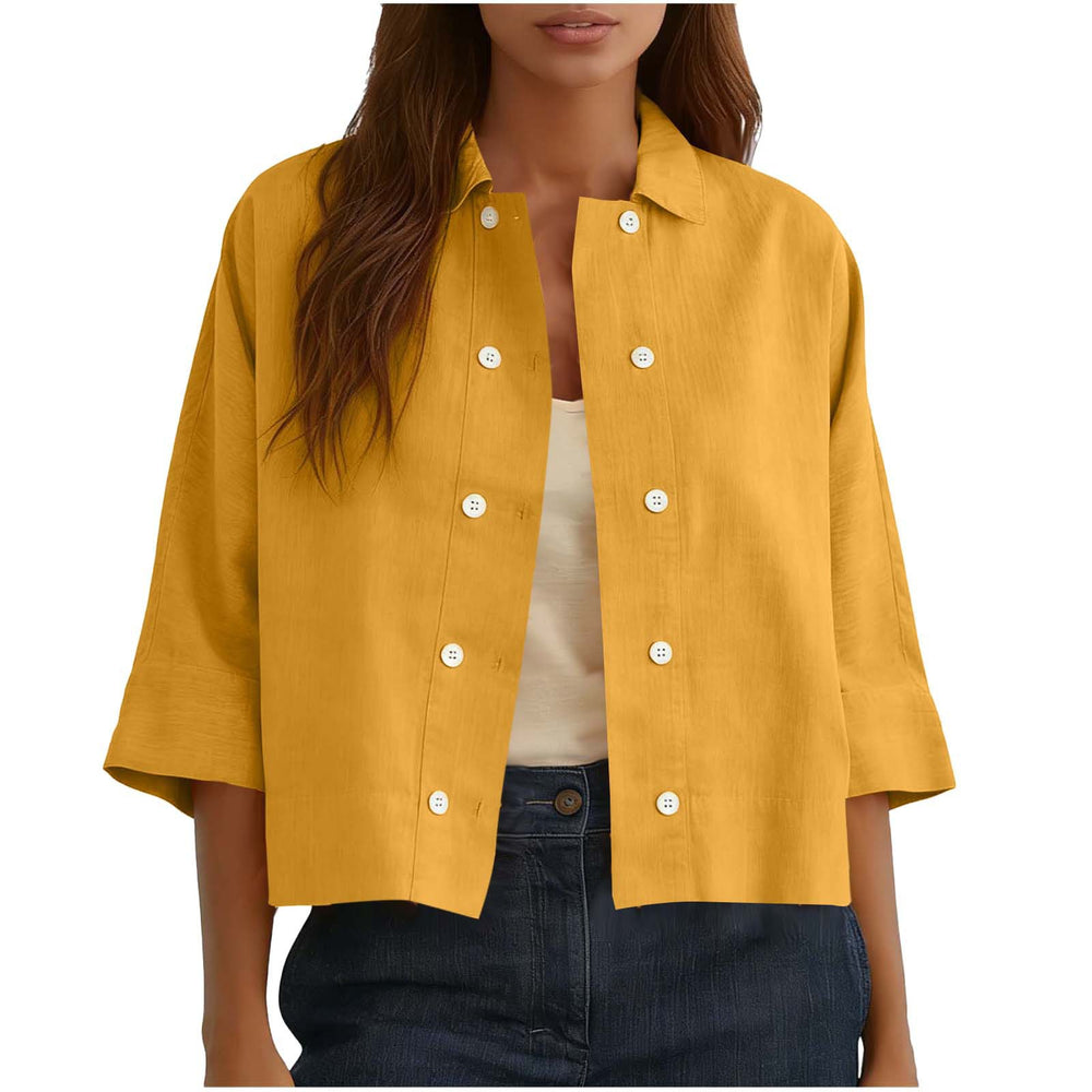 cross-border  solid color cotton linen double-breasted cropped short-sleeve cardigan shirt women's top blouse