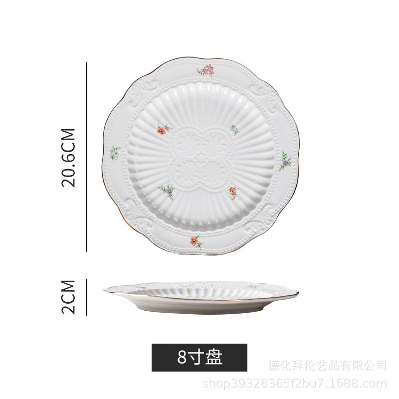 European-style floral dessert plate, three-tier fruit stand, modern display for show homes, creative embossed ceramic plate wholesale