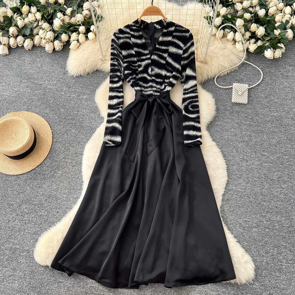 High-end elegant women's dress - 2025 autumn french style mesh print long sleeve patchwork tie-waist maxi dress