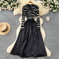 High-end elegant women's dress - 2025 autumn french style mesh print long sleeve patchwork tie-waist maxi dress
