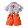 New arrivals: cross-border japanese & korean style boys' outfit - short-sleeve plaid shirt, overalls, and bow tie gentleman's suit