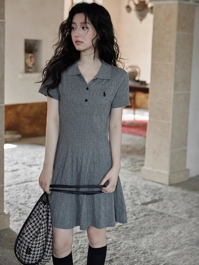 Classic export polo style preppy casual summer cable knit short sleeve knit dress skirt for women
