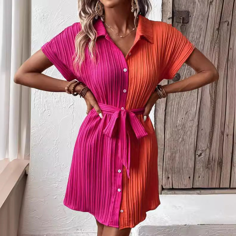 new european and american style women's blouse dress: color block batwing sleeve, tie waist, slimming and elegant