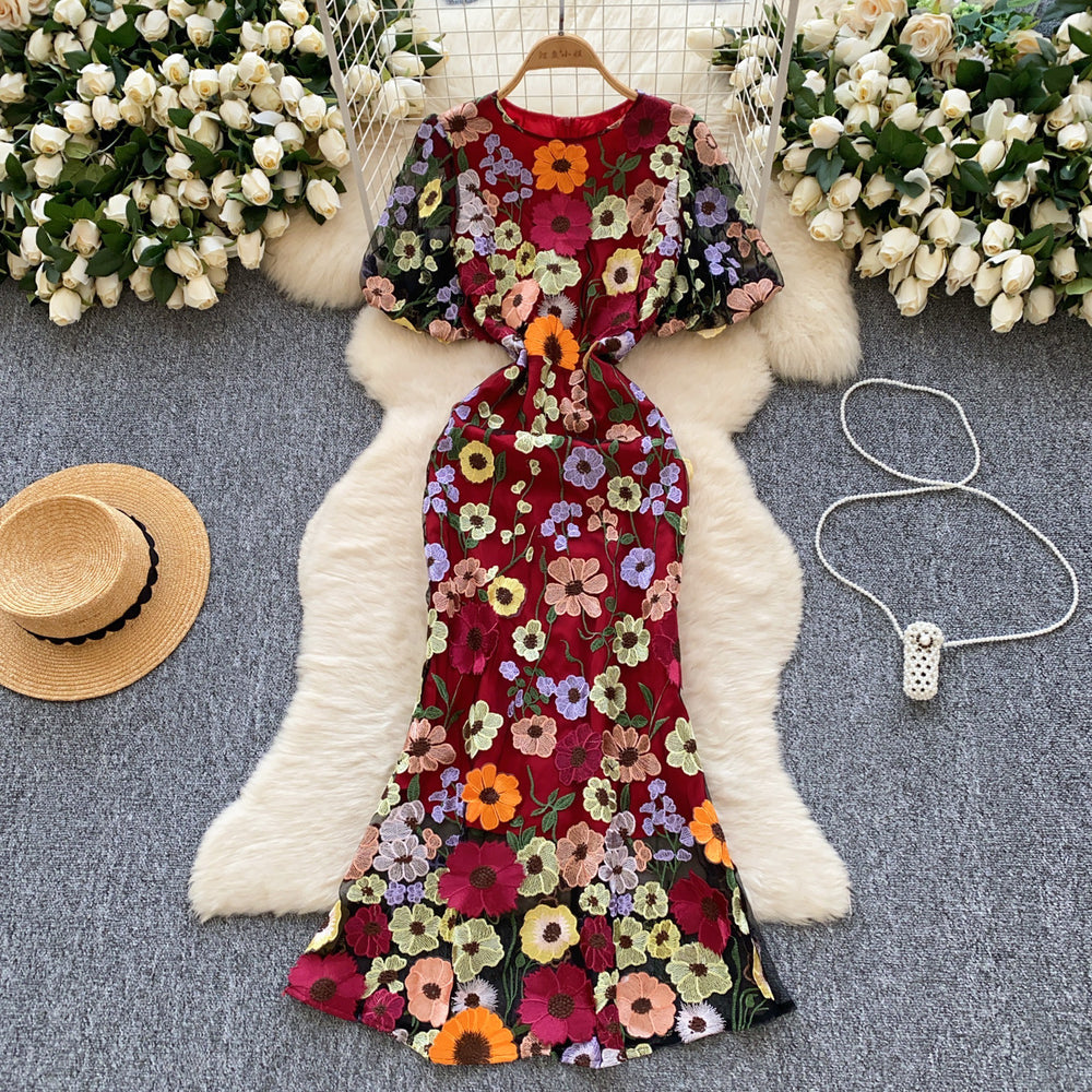 French high-end elegant heavy embroidery floral round neck lantern sleeve cinched waist slimming mermaid tail evening gown dress