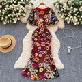 French high-end elegant heavy embroidery floral round neck lantern sleeve cinched waist slimming mermaid tail evening gown dress