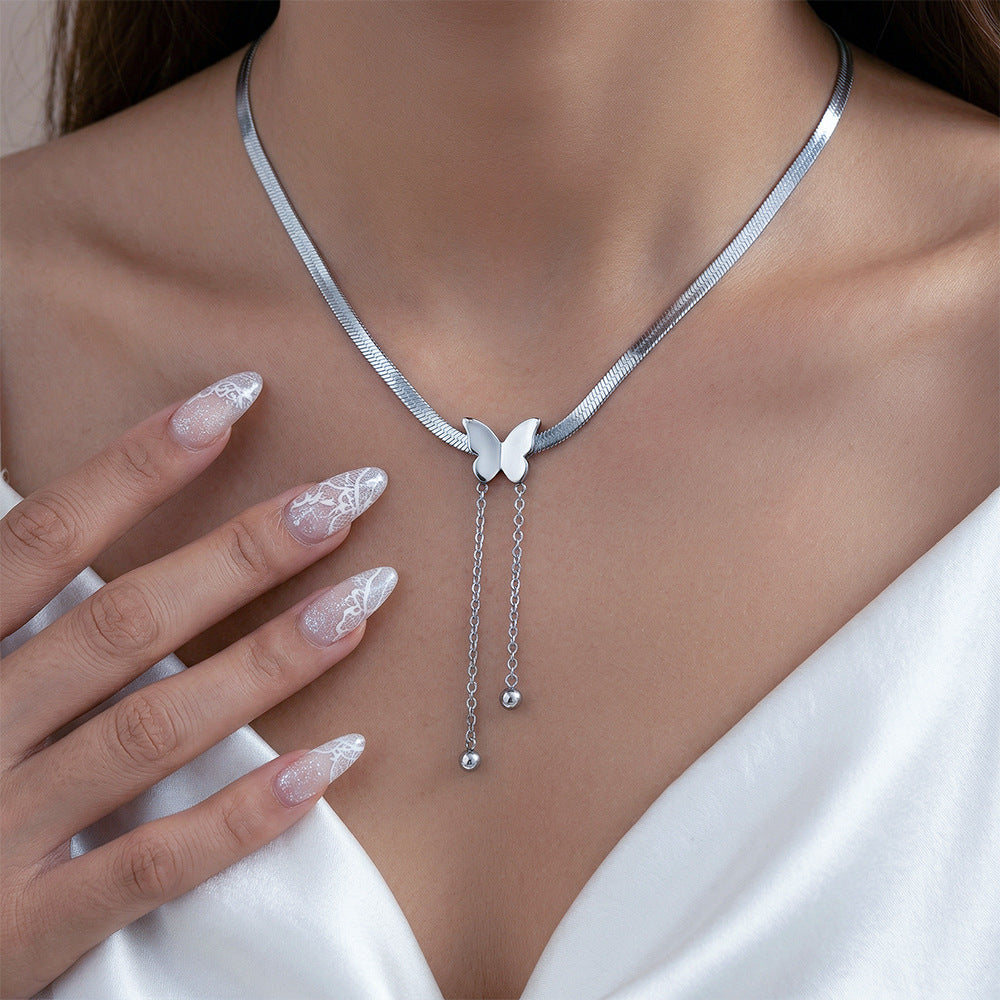European and american fashion hot style non-fading titanium steel tassel butterfly necklace, lightweight luxury, niche, versatile, elegant clavicle chain jewelry