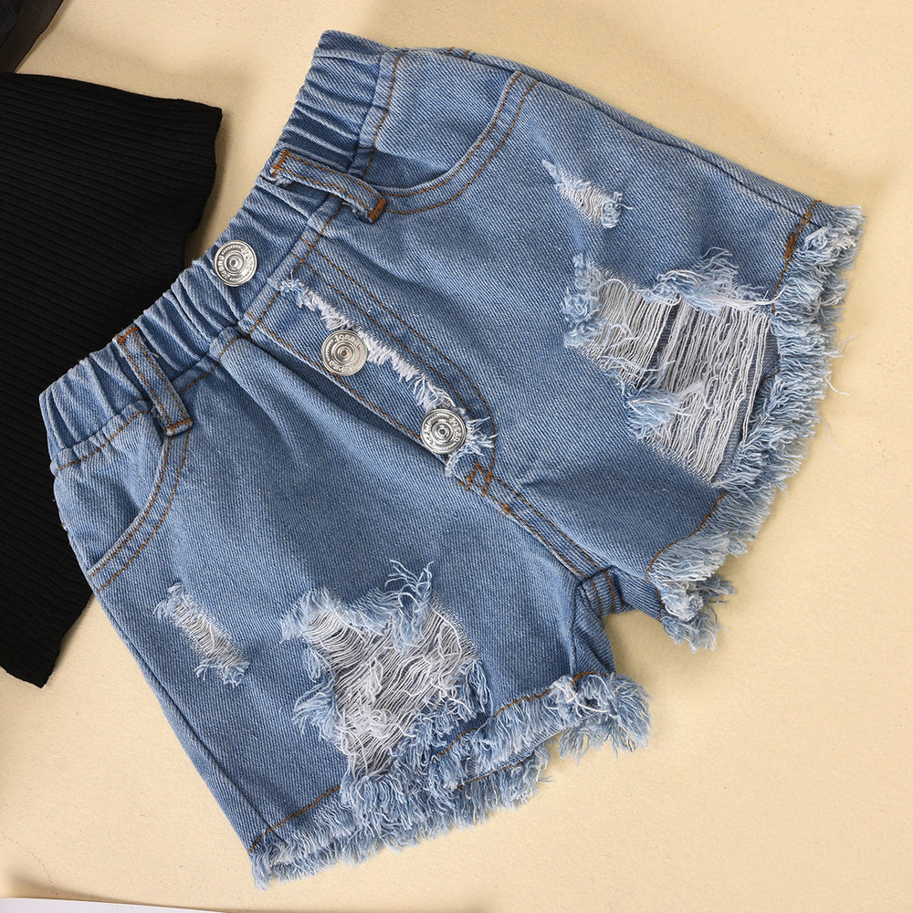 Aliexpress best selling children's clothing mesh patchwork solid color clothes ripped raw edge jeans children's suit cross-border exclusive supply