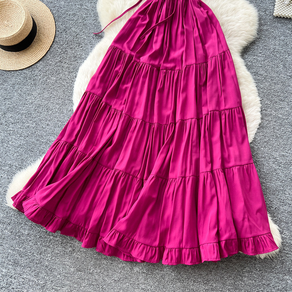 Frenchromantic style suspender earrings dress women's summer straps waist slimming look a-line cake draped long skirt