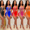C6767 cross-border   fashion women's solid color mesh rhinestone sleeveless mini dress