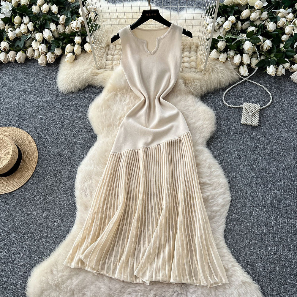 High-end knittingpatchworkasymmetrical mesh dress women's summerfrench waist slimming lookelegant sleeveless long dress