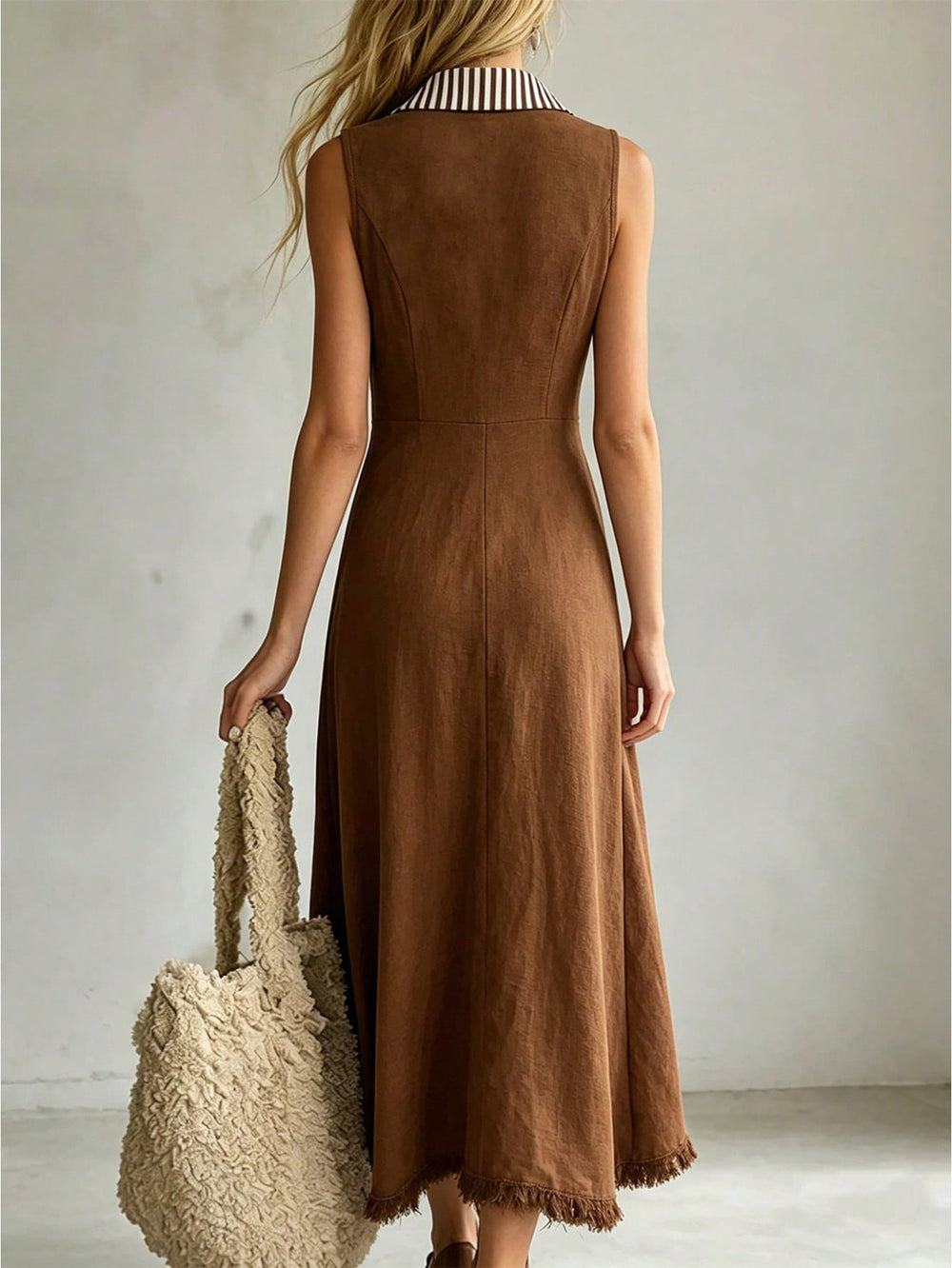 fashion  summer new brown striped lapel sleeveless dress single-breasted tassel vacation style